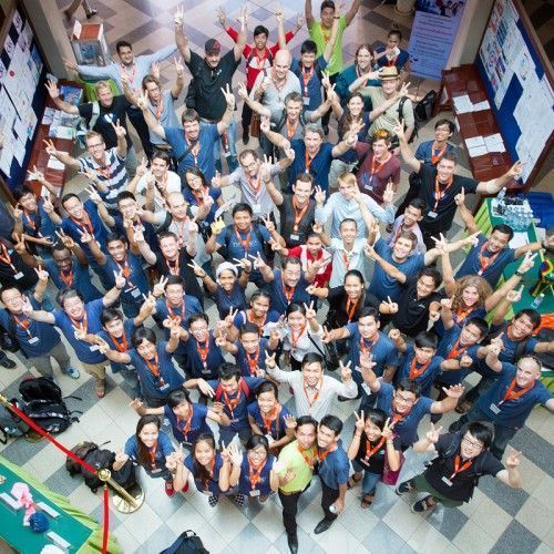 Group photo of all participants during the T3CON15 Asia conference in Phnom Penh, taken from above.